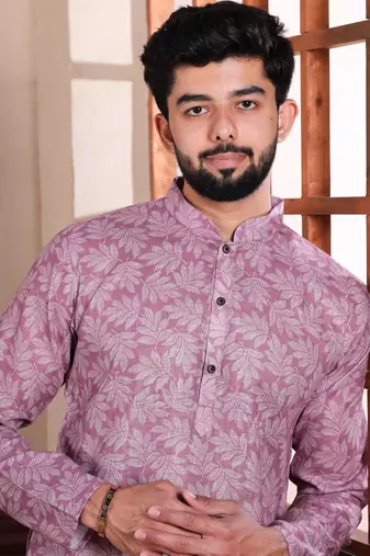 Purple linen fabric digital printed graceful men's kurta payjama