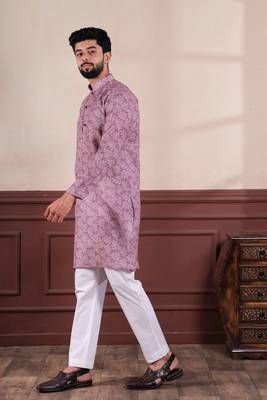 Purple linen fabric digital printed graceful men's kurta payjama 5
