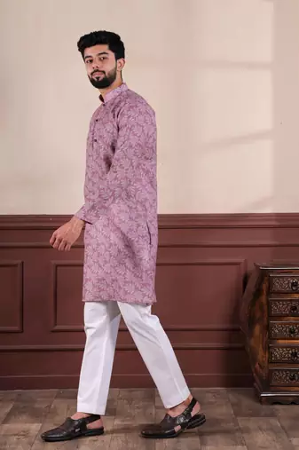Purple linen fabric digital printed graceful men's kurta payjama