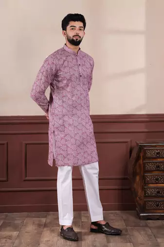 Purple linen fabric digital printed graceful men's kurta payjama