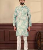 Aqua green linen fabric designer digital printed graceful men's kurta payjama