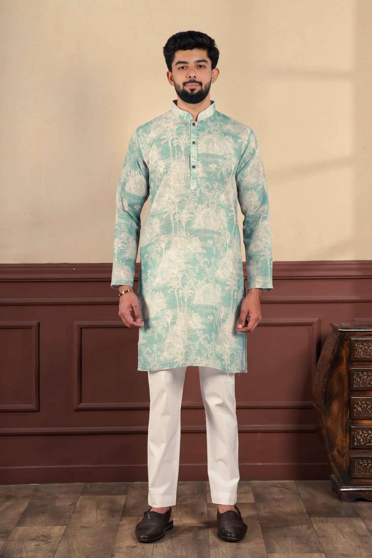 Aqua green color linen fabric designer digital printed graceful men's kurta payjama