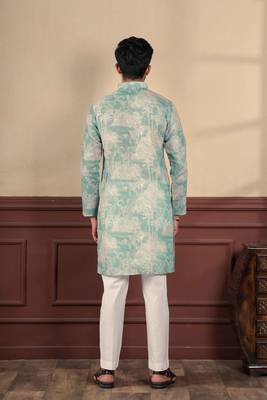 Aqua green linen fabric digital printed graceful men's kurta payjama 3