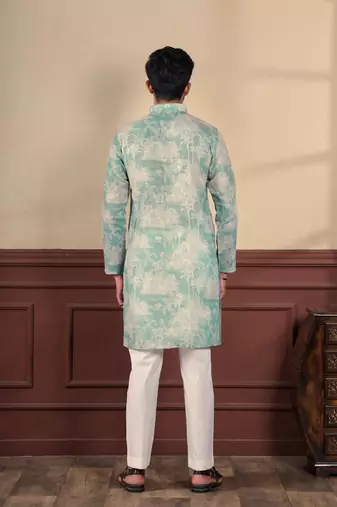 Aqua green linen fabric digital printed graceful men's kurta payjama