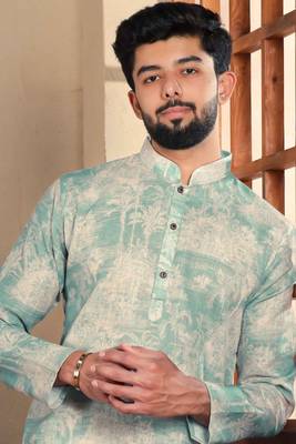 Aqua green linen fabric digital printed graceful men's kurta payjama 4