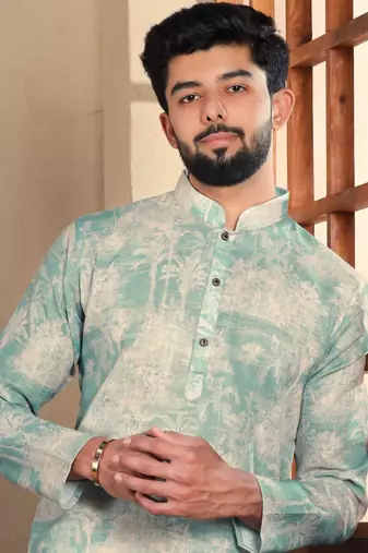 Aqua green linen fabric digital printed graceful men's kurta payjama
