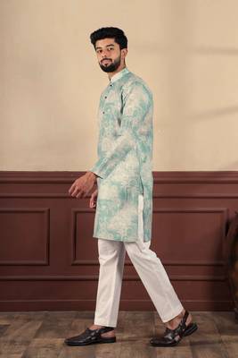 Aqua green linen fabric digital printed graceful men's kurta payjama 5