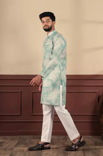 Aqua green linen fabric digital printed graceful men's kurta payjama