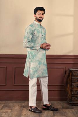 Aqua green linen fabric digital printed graceful men's kurta payjama 6