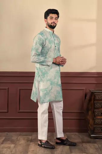Aqua green linen fabric digital printed graceful men's kurta payjama