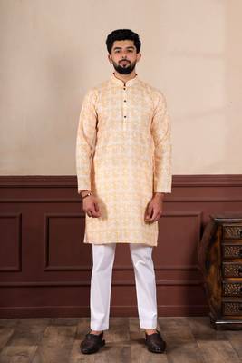 Yellow linen fabric digital printed graceful men's kurta payjama 1