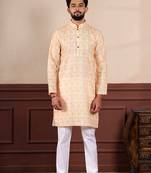 Yellow linen fabric designer digital printed graceful men's kurta payjama