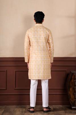 Yellow linen fabric digital printed graceful men's kurta payjama 3