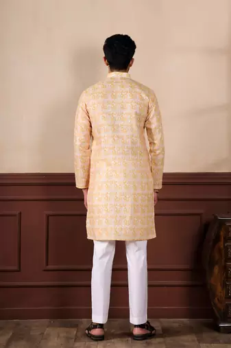 Yellow linen fabric digital printed graceful men's kurta payjama