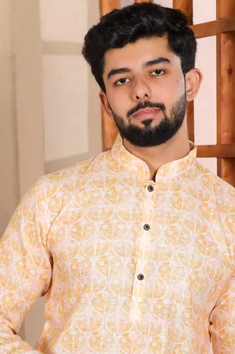 Yellow linen fabric digital printed graceful men's kurta payjama