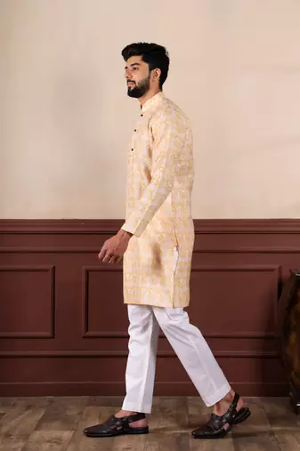 Yellow linen fabric digital printed graceful men's kurta payjama