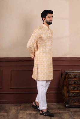 Yellow linen fabric digital printed graceful men's kurta payjama 6