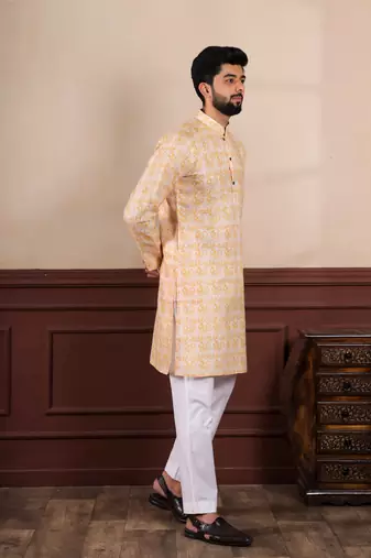 Yellow linen fabric digital printed graceful men's kurta payjama