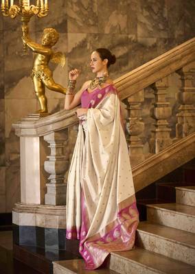 cream silk blend woven saree with unstitched blouse piece 1