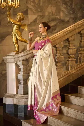 cream art silk woven saree with unstitched blouse piece