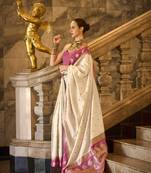 cream art silk woven saree with unstitched blouse piece