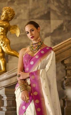 cream silk blend woven saree with unstitched blouse piece 2