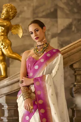 cream silk blend woven saree with unstitched blouse piece