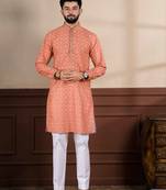 Orange cotton blend men's kurta payjama with i3