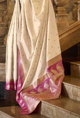 cream silk blend woven saree with unstitched blouse piece 3