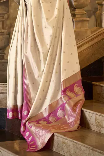 cream silk blend woven saree with unstitched blouse piece