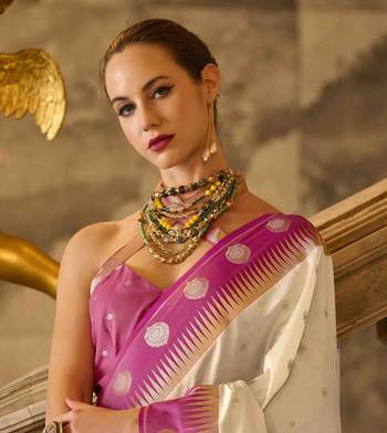 cream silk blend woven saree with unstitched blouse piece 4