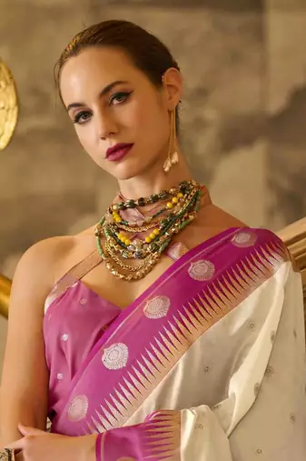 cream silk blend woven saree with unstitched blouse piece