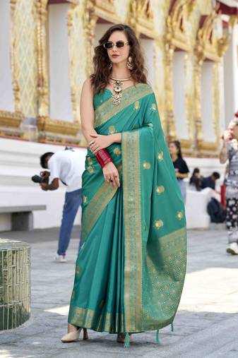 rama satin zari woven saree with unstitched blouse piece