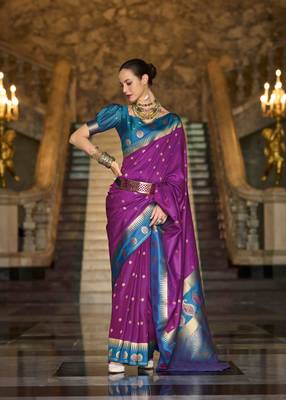 magenta silk blend woven saree with unstitched blouse piece 1