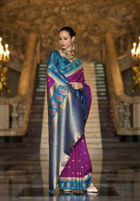 magenta silk blend woven saree with unstitched blouse piece 2