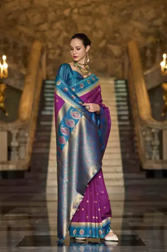magenta silk blend woven saree with unstitched blouse piece
