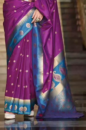 magenta silk blend woven saree with unstitched blouse piece