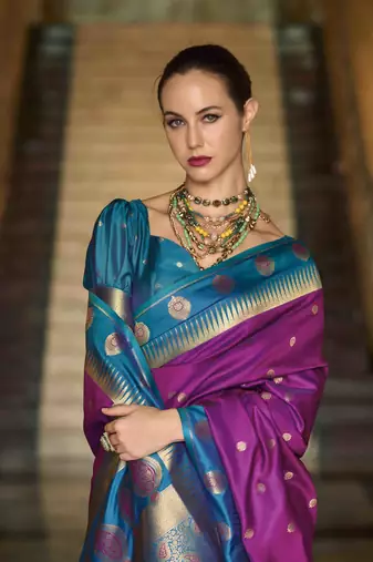 magenta silk blend woven saree with unstitched blouse piece