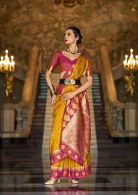 mustard silk blend woven saree with unstitched blouse piece 1