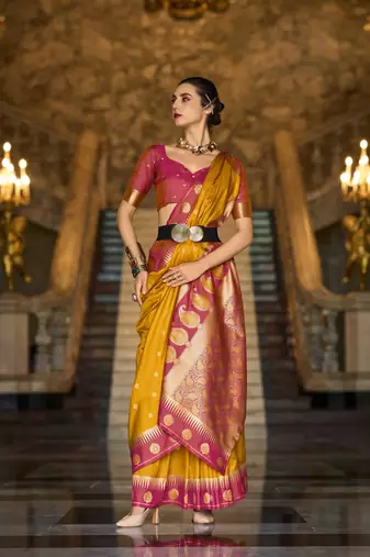 mustard art silk woven saree with unstitched blouse piece