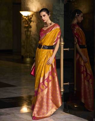 mustard silk blend woven saree with unstitched blouse piece 2