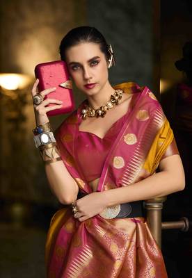 mustard silk blend woven saree with unstitched blouse piece 4