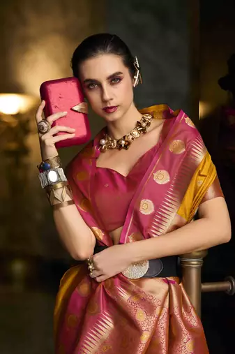 mustard silk blend woven saree with unstitched blouse piece