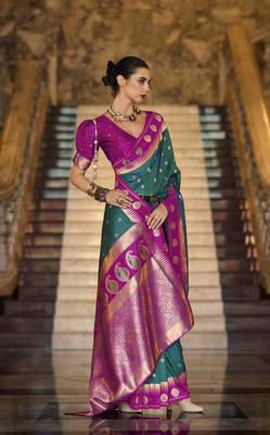 teal silk blend woven saree with unstitched blouse piece 1