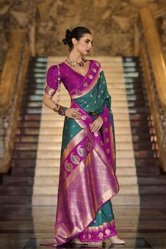 teal art silk woven saree with unstitched blouse piece