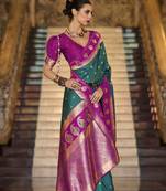 teal art silk woven saree with unstitched blouse piece