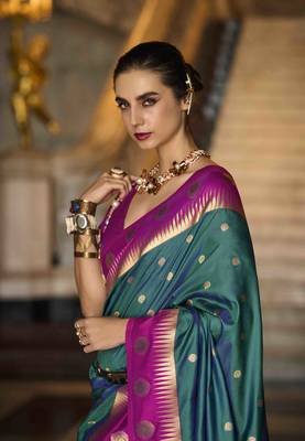 teal silk blend woven saree with unstitched blouse piece 2