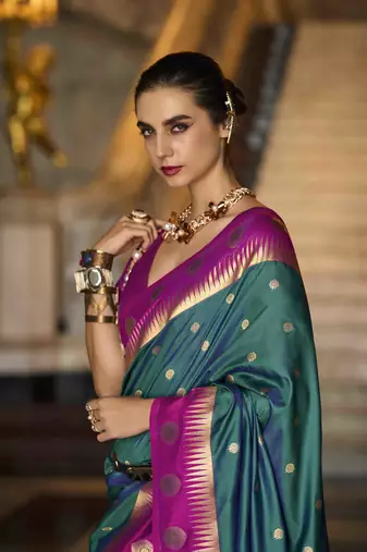 teal silk blend woven saree with unstitched blouse piece