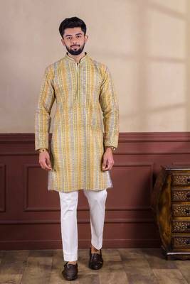 Yellow cotton blend men's kurta payjama with i3 1