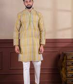 Yellow cotton blend men's kurta payjama with i3